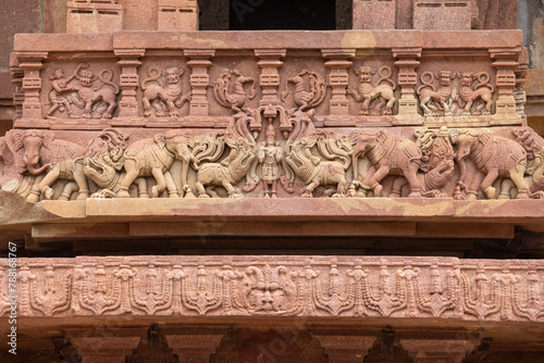 Beautiful Ancient Carvings on the Ramappa Temple, 12th Century Kakatiya Temple, Mulugu, Telangana, India.