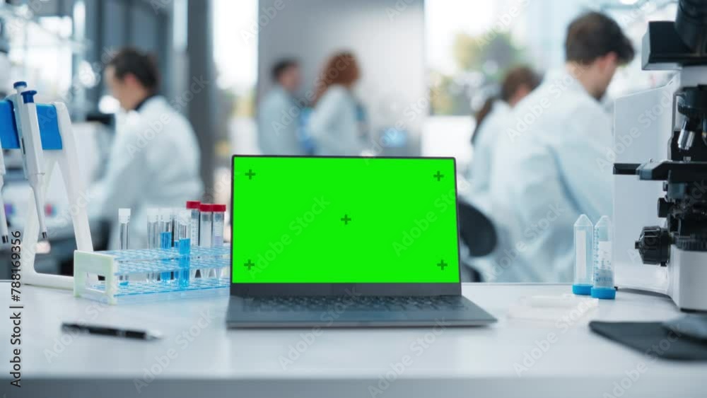 Laptop Computer with Green Screen Chromakey Template Standing on a Desk in a Science Laboratory Next to a Microscope and Test Tubes with Genomics Samples. Scientists Working in the Background