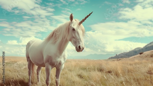 white unicorn with long hair standing in the grassland, light blue sky. style is minimalist, with a blurred background and light green and gray colors. natural scenery and snowy mountains