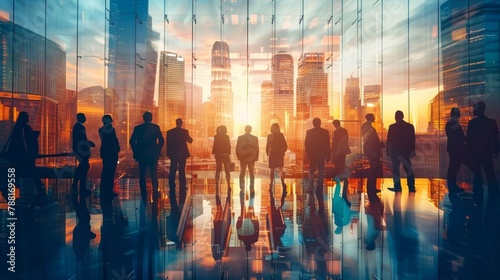 Amidst a reflective office space  silhouettes of business people merge with a cityscape  illuminated by the gentle glow of dawn  epitomizing the relentless pursuit of progress. 