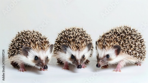 Three  pygmy hedgehogs on white background. photo