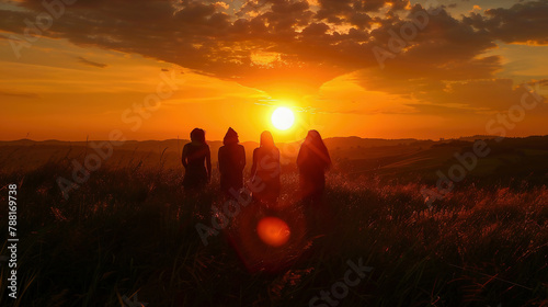 Stonehenge, England. summer solstice. View of the setting sun between the stones photo
