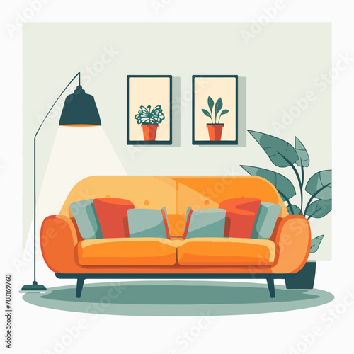 Abstract flat vectorized living room with couch, vector graphics