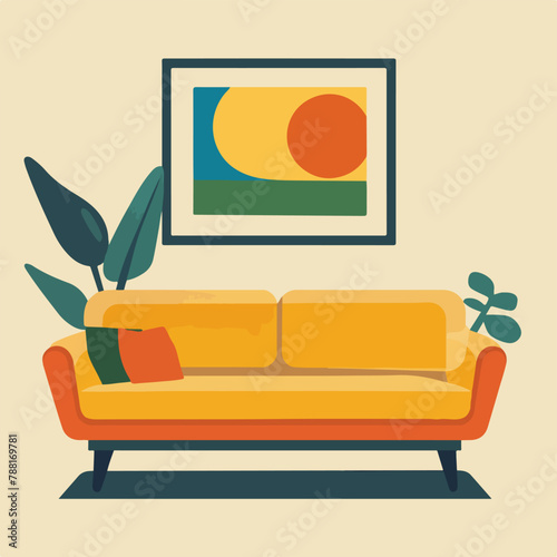 Abstract flat vectorized living room with couch, vector graphics