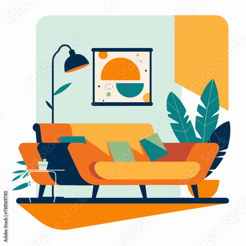 Abstract flat vectorized living room with couch, vector graphics