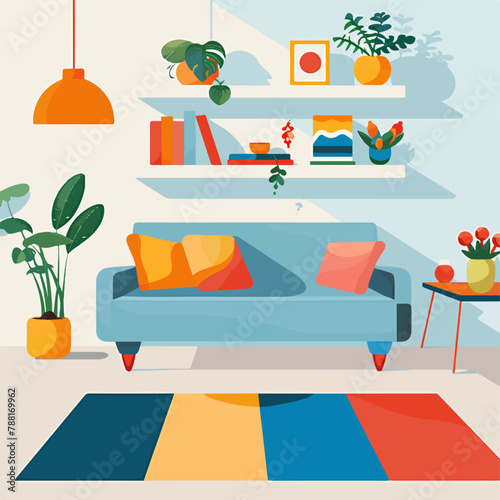 Abstract flat vectorized living room with couch, vector graphics