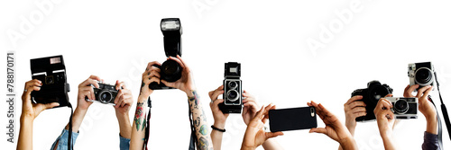 Paparazzi crowd png cut out, holding cameras on transparent background