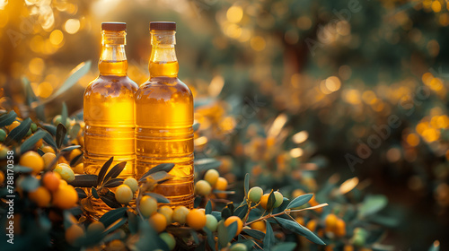 Golden olive oil bottles with olives leaves and fruits setup in the middle of rural olive field with morning sunshine as wide banner with copyspace area