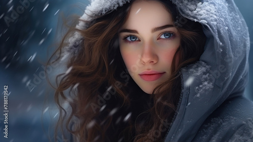 Winter portrait of beautiful young woman with long curly hair in warm clothes.