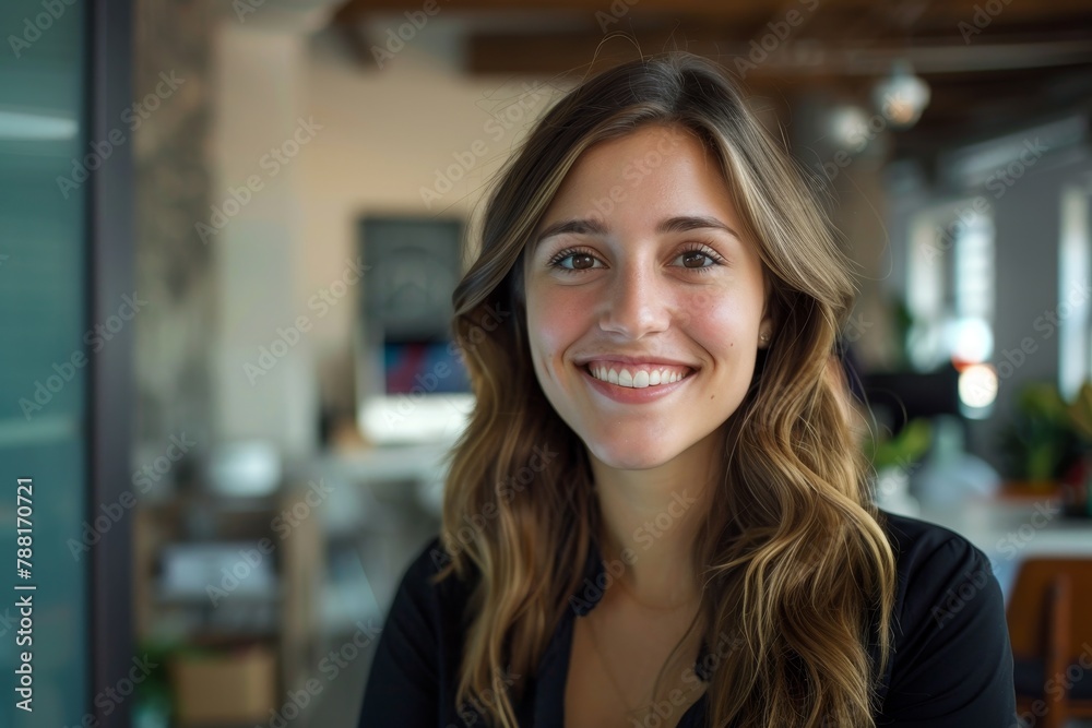 Portrait of happy young woman in office, smiling at camera.