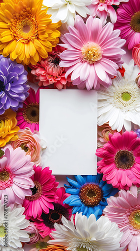 Beautiful frame of bright lush painted flowers on a white background with a white rectangle in the center. 
