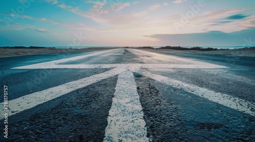 Asphalt road at sunset with white marking on the road, travel concept photo