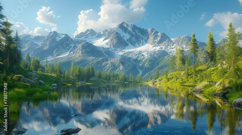 A high altitude alpine lake reflecting towering mountain peaks. AI generate illustration photo