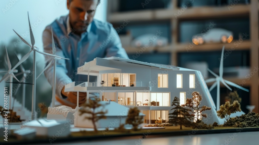 The architect is working on a project to build new houses with wind turbines to generate environmentally friendly electricity. The Use of Alternative sources of Electricity The architect is working on a project to build new houses with wind turbines to generate environmentally friendly electricity. The Use of Alternative sources of Electricity