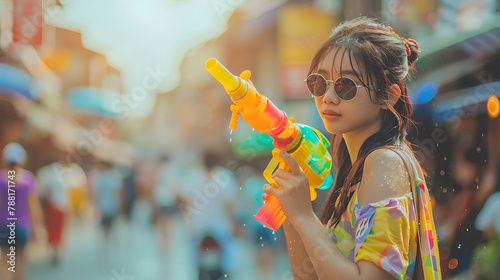 Summer fun: Woman holding colorful squirt water gun with city background, concept for Water festival holiday. photo