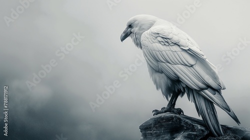 white raven in the fog standing on the rock.