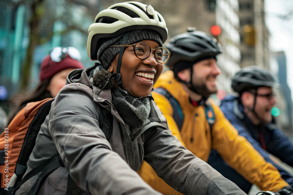 Diverse group of friends cycling together with smiles in a city setting