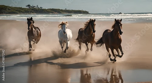 Horses running on the beach.
