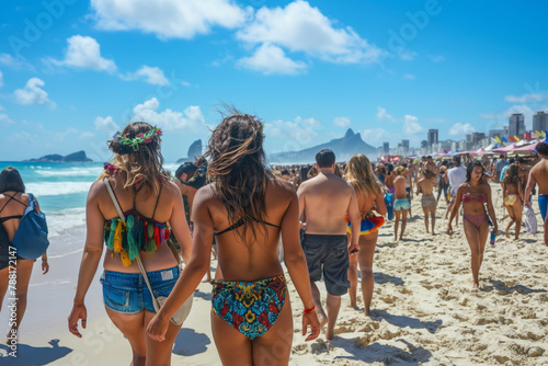 Experience the lively and energetic atmosphere of a beach music festival along the sunny coast, where holidaymakers and goers revel in the summer leisure, outdoor vacation, and vibrant youth culture photo