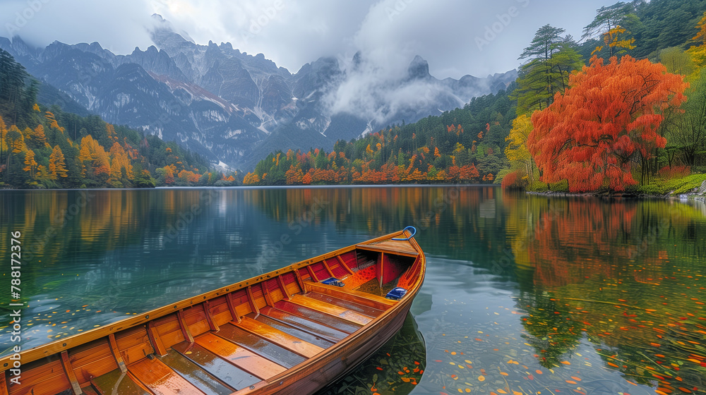 A photo of single boat at the foot of the mountains. Autumn landscape of North America. Snowy mountains in the background. Mesmerizing landscape