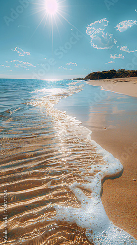 The beach background has a clear and soft blue sky, with smooth fine sand that is softly colored. The foreground of the picture shows a large area of beige fine sand, with undulating ripples on it. In