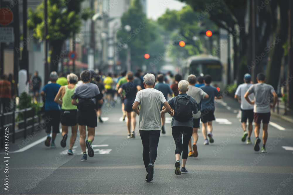 People from diverse backgrounds participating in a city jogging event