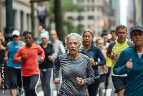 Multiethnic group of individuals of various ages jogging together through city streets