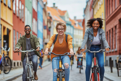 Cheerful group of diverse friends biking together along vibrant urban streets