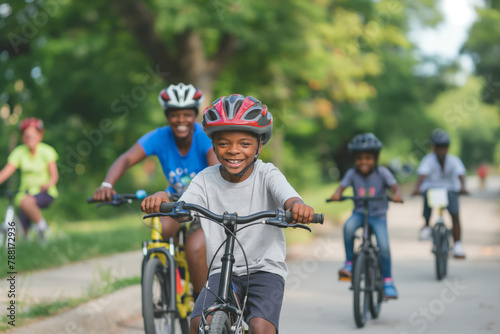 A multi-ethnic family enjoys a bike ride together through an urban park, with smiles and safety helmets on
