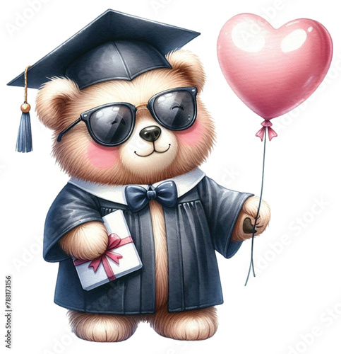 bear graduation gown holding balloons clipart watercolor