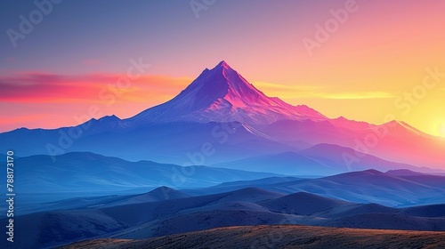 A striking silhouette of a mountain peak against a vibrant sunset sky. AI generate illustration