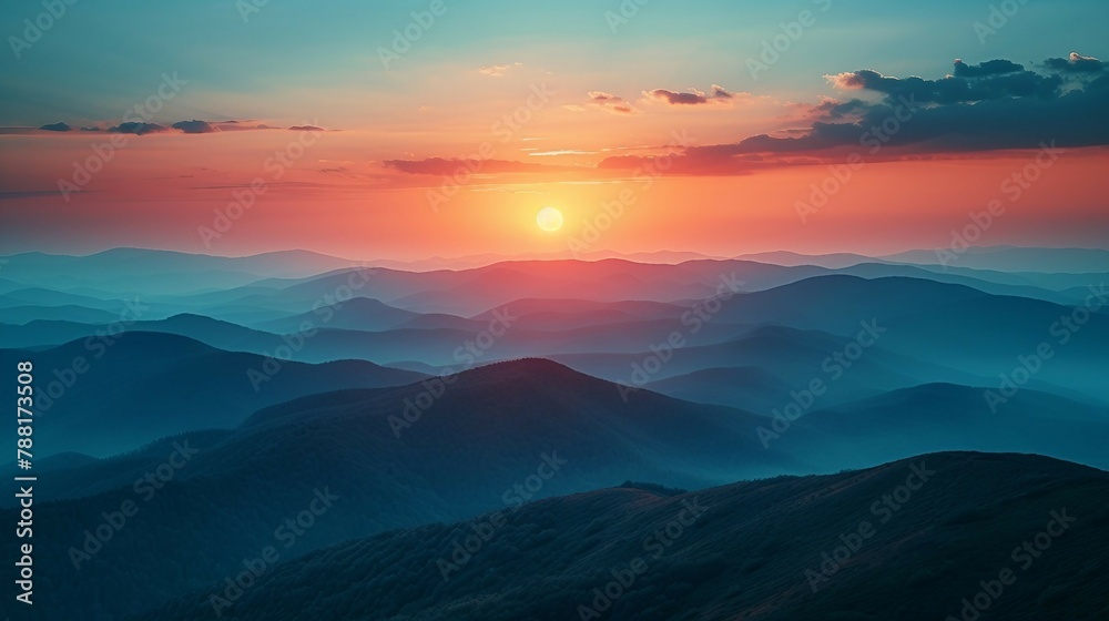 Mountain ridge during sunset, showcasing a gradient of warm colors in the sky. AI generate illustration
