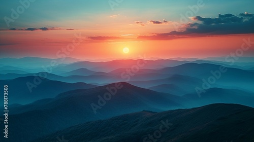 Mountain ridge during sunset, showcasing a gradient of warm colors in the sky. AI generate illustration