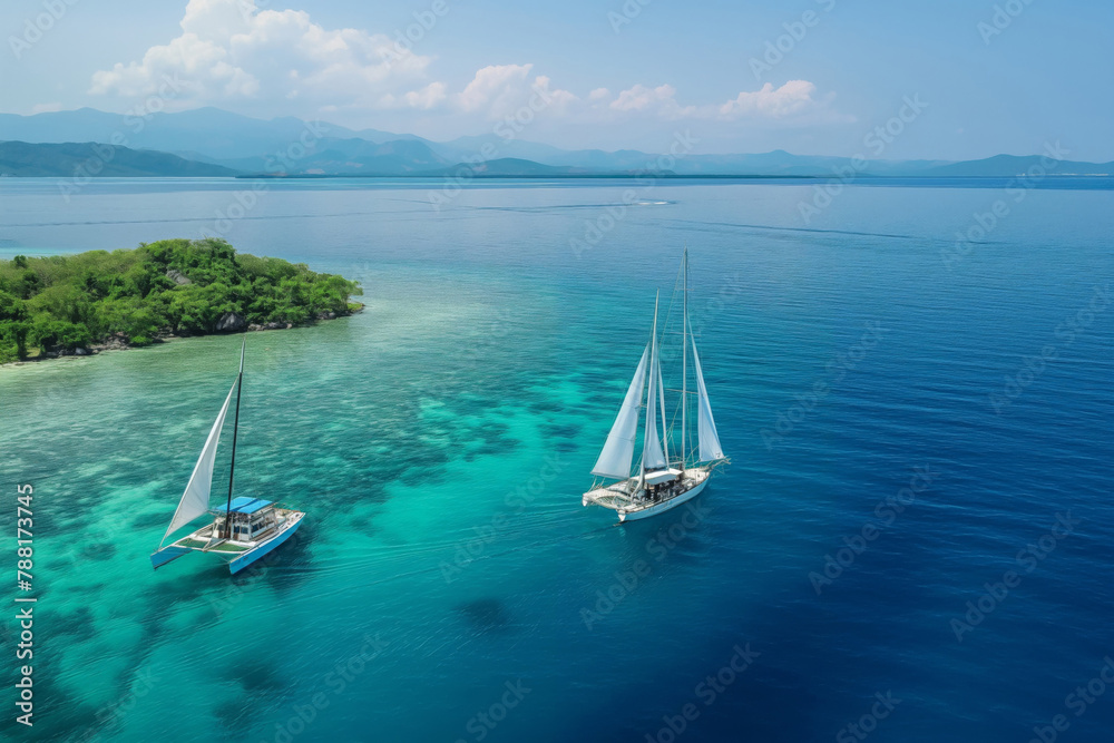 Obraz premium Aerial view of travelers on two sailboats embarking on a group sailing expedition in clear tropical seas
