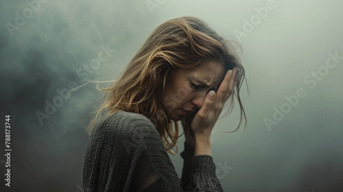 Woman standing in the fog. Her face is hidden in her hands and she is crying. The background is a dark, misty forest