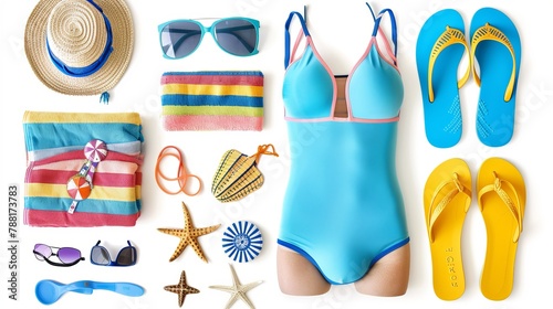 A collection of beach items including a swimming suit  towel  flip-flops  and sunglasses  all isolated on a white background