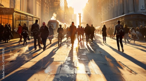 Within the city's surreal landscape, ethereal figures move in a blur, their elongated shadows stretching across the pavement, as if caught in a dream against the warm glow of the sun.
 photo