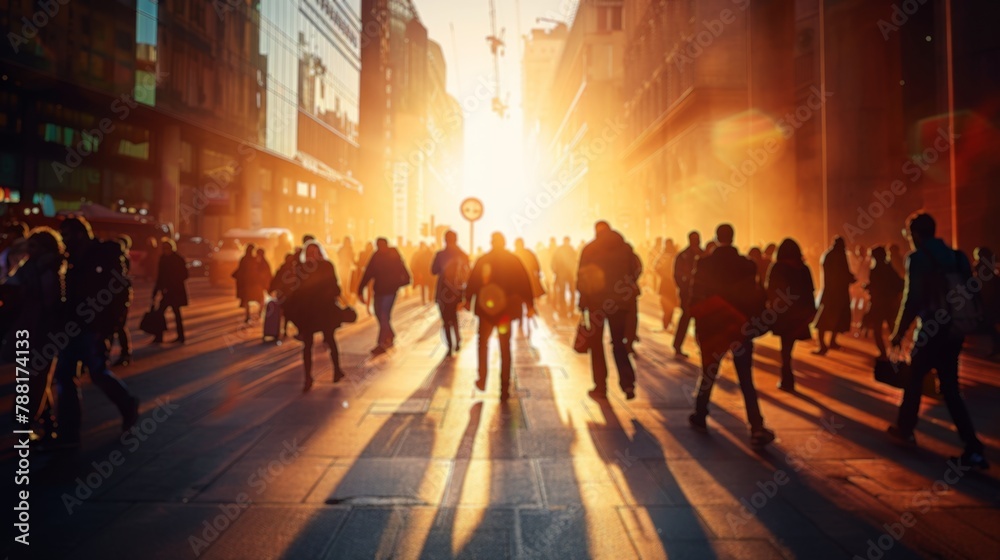 Amidst the urban labyrinth, blurred silhouettes of commuters stretch across the sidewalk, their hurried movements etched against the backdrop of sun-kissed buildings.
