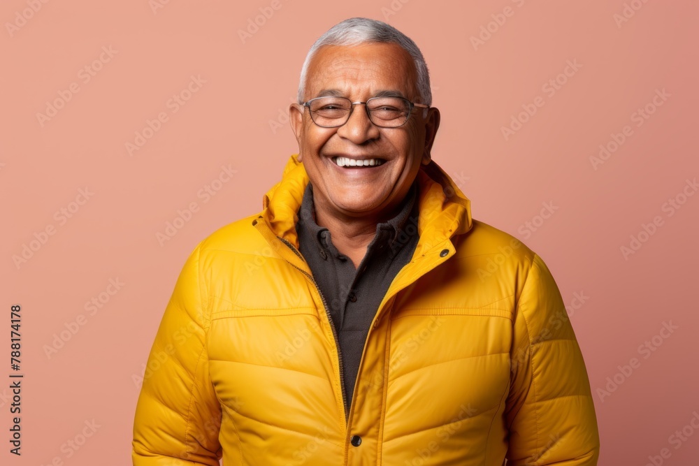 Portrait of a grinning indian man in his 60s donning a durable down jacket over pastel or soft colors background