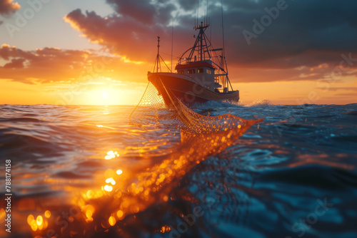 fishing vessel with net in the sea at sunset, close up with space for text or inscriptions 