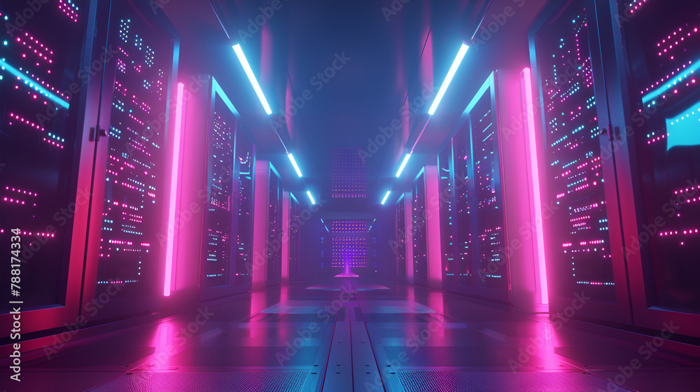 Fototapeta premium 3D illustration Background for advertising and wallpaper in sci fi and technology innovation scene. 3D rendering in decorative concept ,Futuristic sci fi Big Hall Room with neon lights tunnel 
