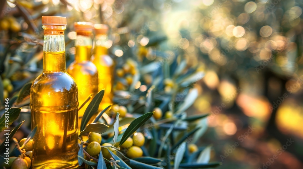 Golden olive oil bottles in rural field with fruits under morning sun, wide banner with copyspace Golden olive oil bottles in rural field with fruits under morning sun, wide banner with copyspace