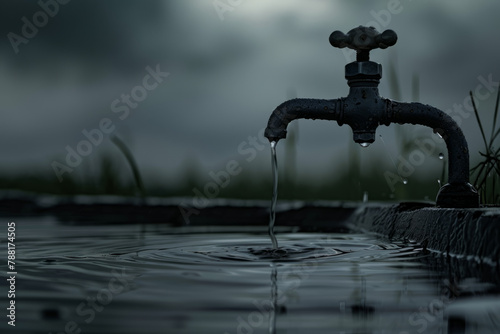 A very plain setup of a faucet dripping water into a growing puddle, against a dark backdrop, illustrating water waste