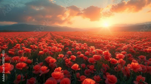 Field of poppies in a rural landscape, bathed in the soft light of the sunrise. AI generate illustration