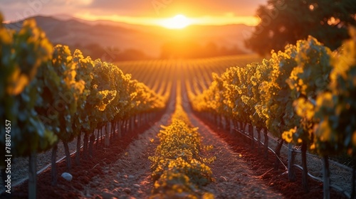 A picturesque vineyard with orderly rows of grapevines. AI generate illustration