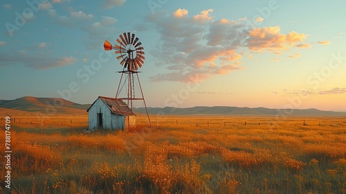 A lone windmill in a rural landscape. AI generate illustration