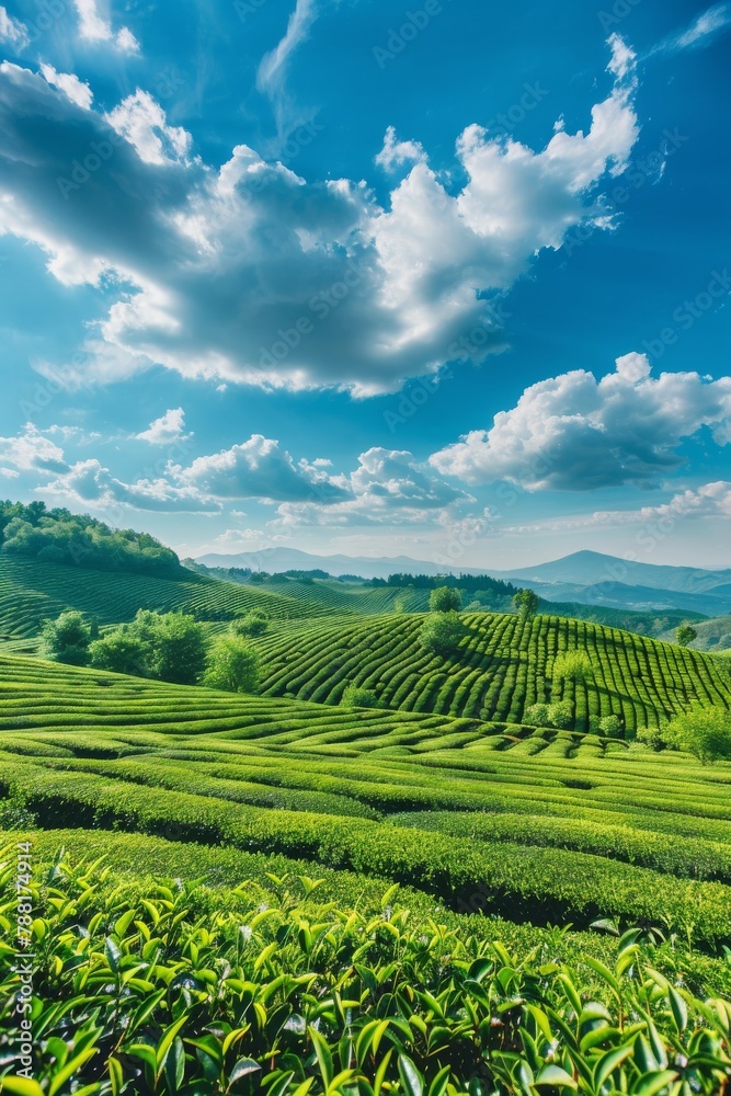 A photo of a tea plantation in Turkey, with rows of green tea bushes under a blue sky 