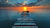 Pier extending into a calm lake at sunset. AI generate illustration