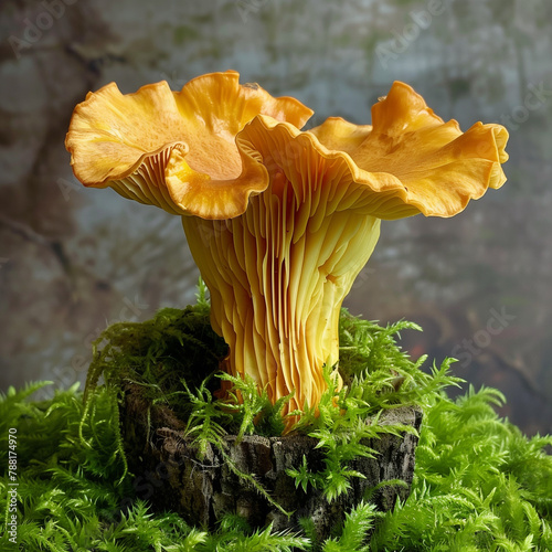 close up of yellow chanterelle growing on green moss on gray background