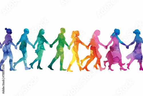 Diverse Human Chain Silhouettes in Rainbow Colors
